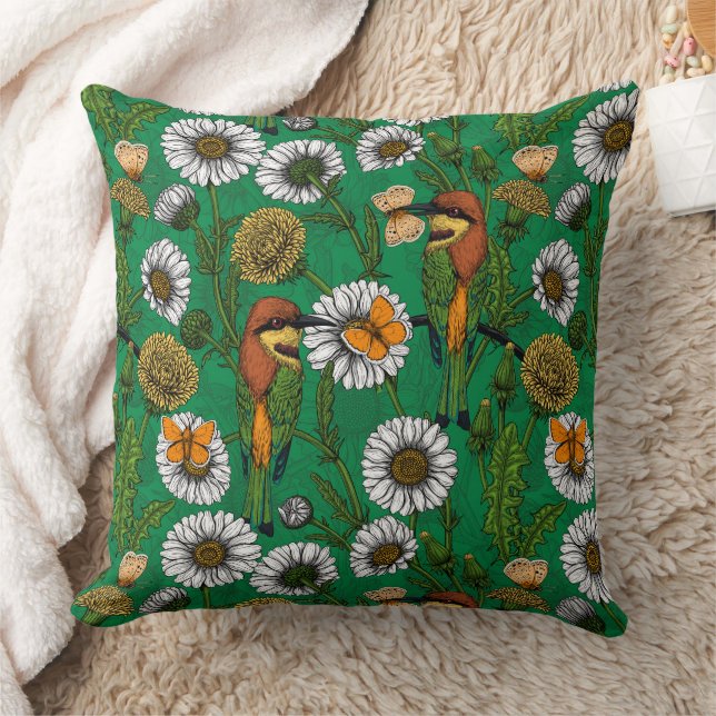 Bee eaters on a spring meadow throw pillow (Blanket)