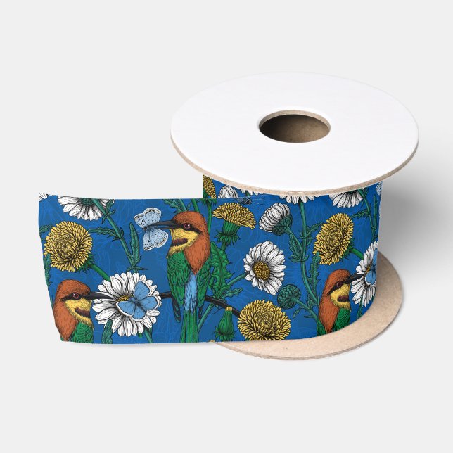 Bee eaters on blue satin ribbon (Spool)