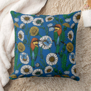 Bee eaters on blue throw pillow
