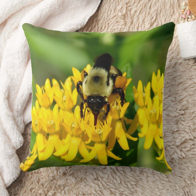 Bee Feasting on Butterfly Weed Wildflowers Throw Pillow (Blanket)
