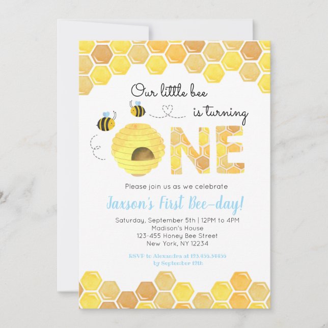 Bee First 1st Birthday party invitations for Boy (Front)