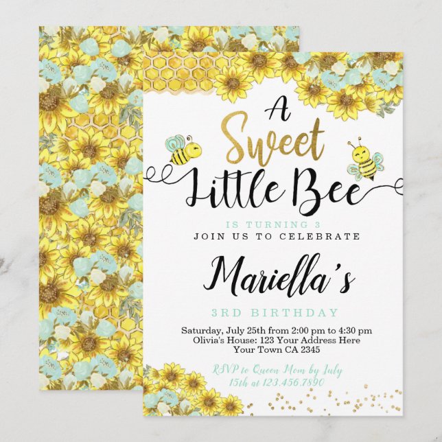 Bee First Birthday Invitation (Front/Back)
