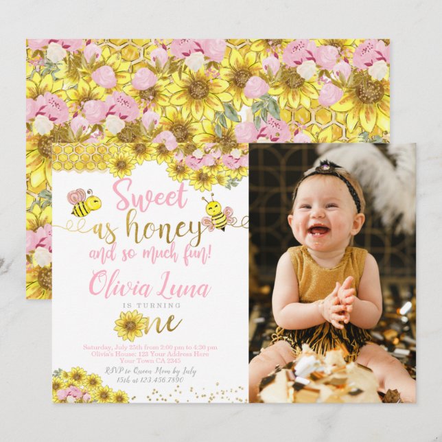 Bee First Birthday Invitation (Front/Back)