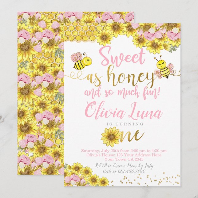 Bee First Birthday Invitation (Front/Back)