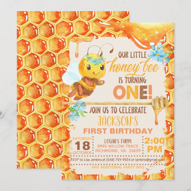 Bee First Birthday Invitation - Girl (Front/Back)