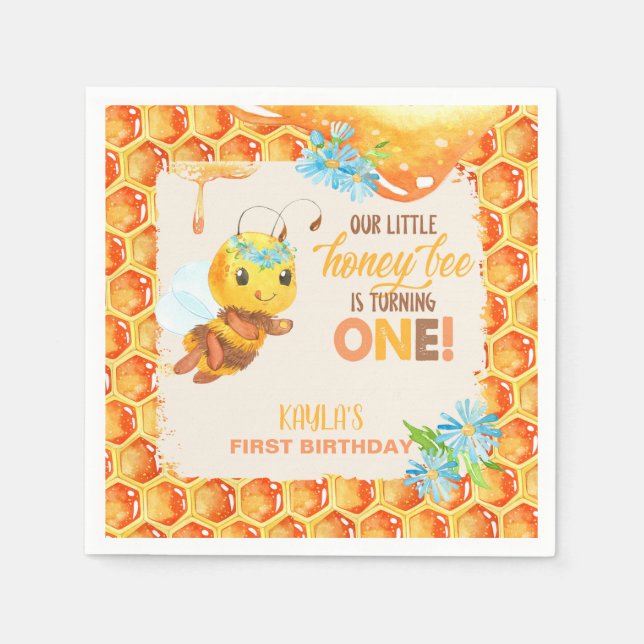 Bee First Birthday Napkin - Girl - Custom (Front)