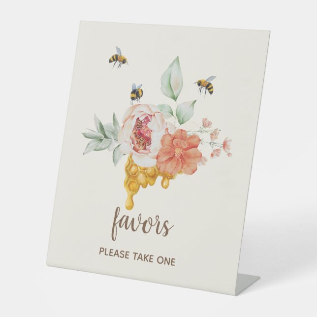 Bee Floral Honeycomb Baby Shower Favours Pedestal Sign (Front)