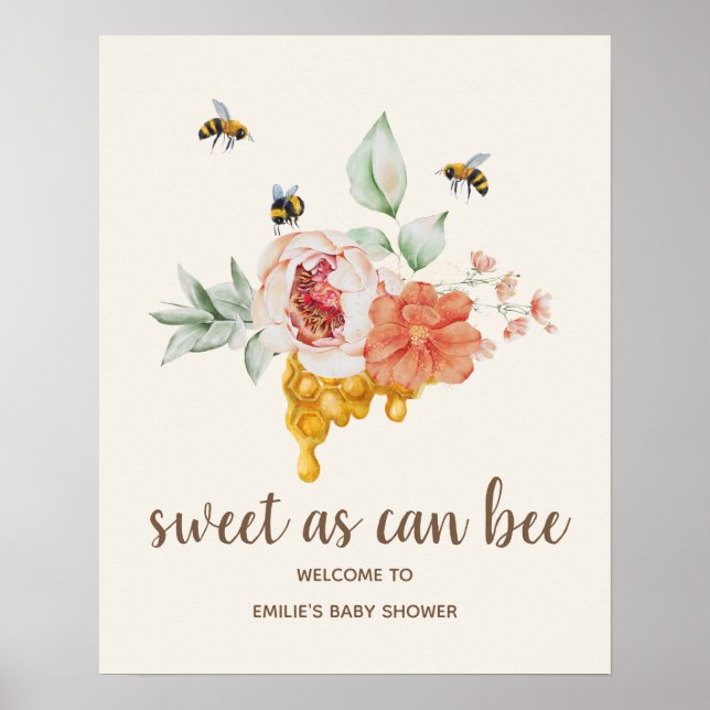 Bee Floral Honeycomb Baby Shower Welcome Poster (Front)