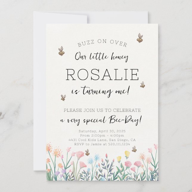 Bee Flower First Birthday Party Invitation (Front)