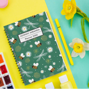 Bee & Flower Pattern Year and Name Green Planner
