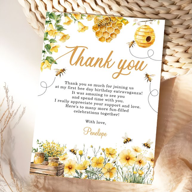 Bee Flower Yellow Birthday Thank You Card (Creator Uploaded)