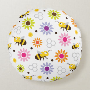 Bee & Flowers Round Pillow