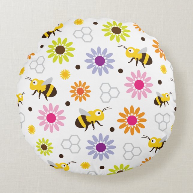 Bee & Flowers Round Pillow (Front)