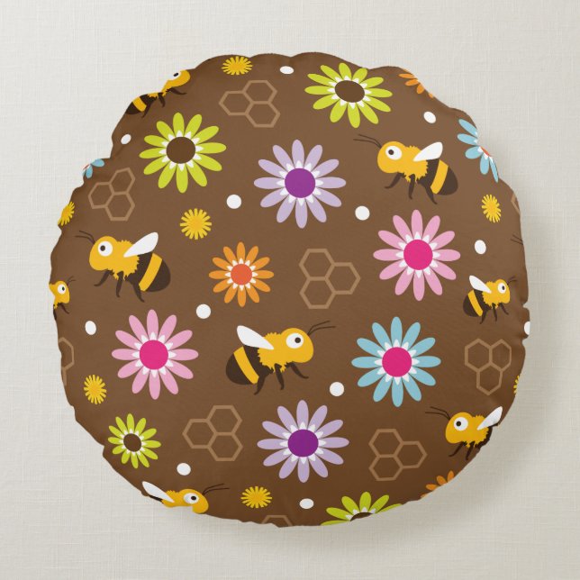 Bee & Flowers Round Pillow (Front)