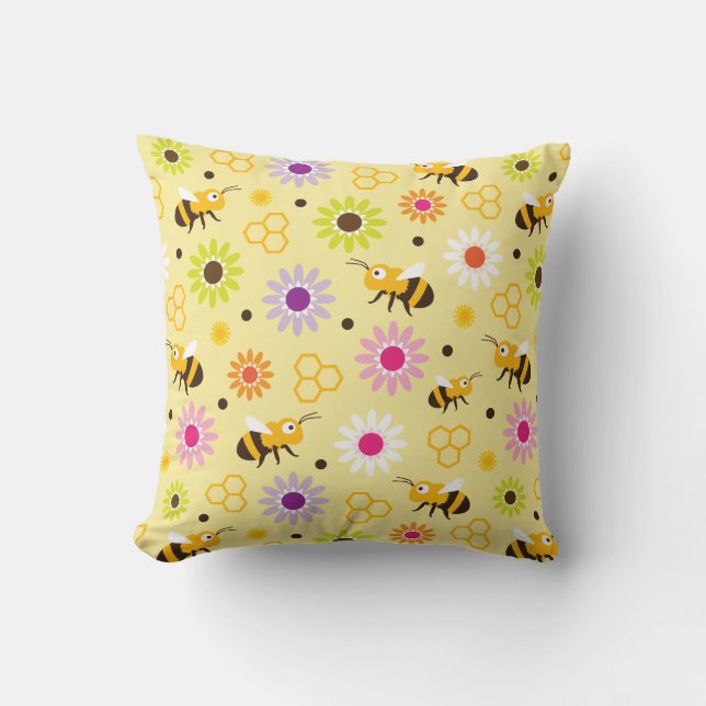 Bee & Flowers Throw Pillow (Front)