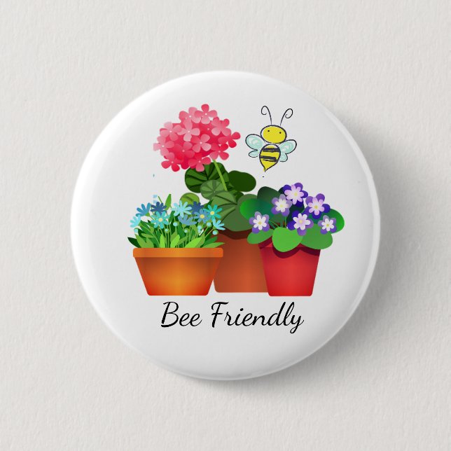 Bee Friendly Potted Flower Garden Button (Front)