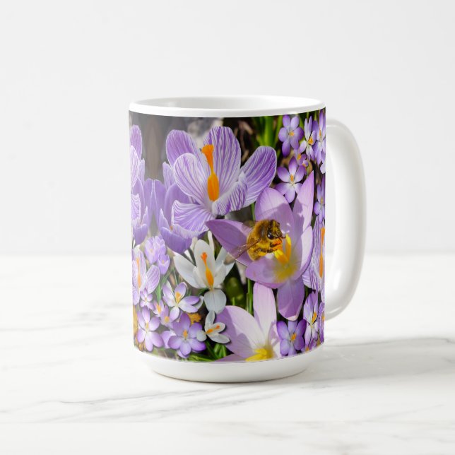 Bee Gathering Nectar from Crocus flowers Coffee Mug (Front Right)