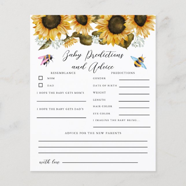 Bee Gender Reveal Baby Predictions Game (Front)