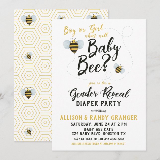 Bee Gender Reveal Diaper Party Invitation (Front/Back)