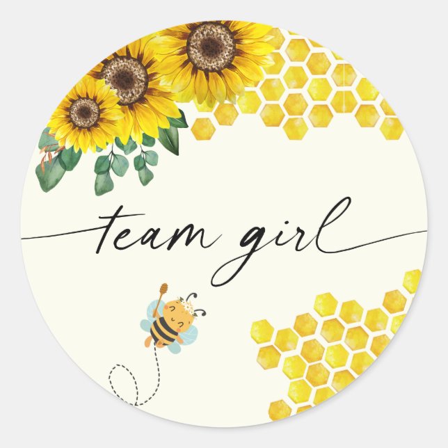 Bee Gender Reveal Party Team Girl Classic Round Sticker (Front)