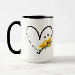 BEE GIRL LOVE Watercolor Sunflower Heart Black Mug
