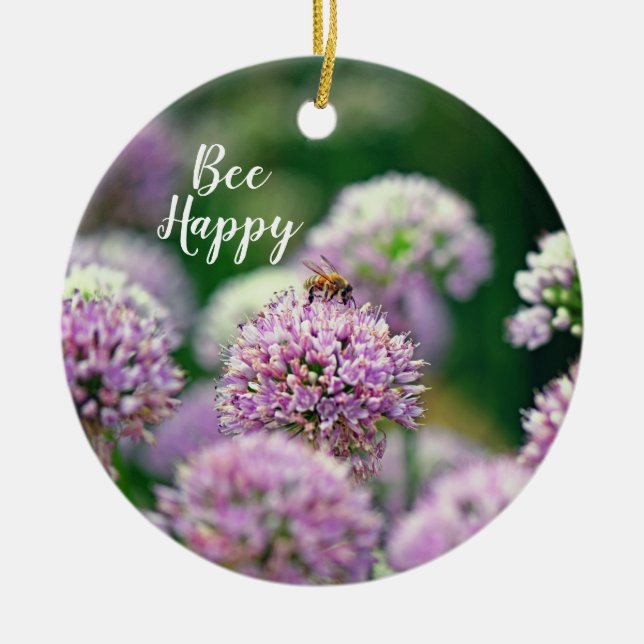 Bee Happy Anniversary w/ Purple Allium Flower Ceramic Ornament (Front)