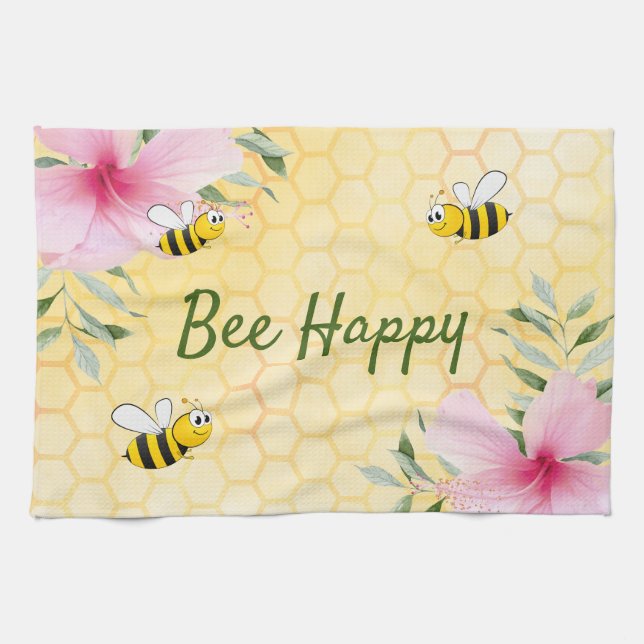 Bee Happy bees yellow honeycomb pink flowers Kitchen Towel (Horizontal)