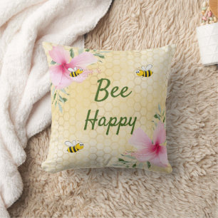 Bee Happy bees yellow honeycomb pink flowers Throw Pillow
