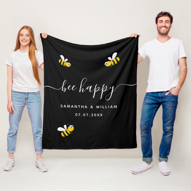 Bee happy black cute bees wedding couple fleece blanket (In Situ)
