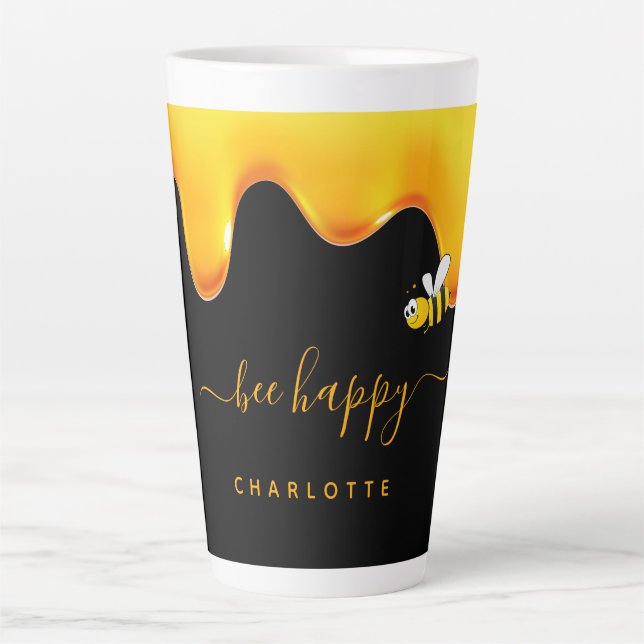 Bee Happy black cute bumble bees dripping honey Latte Mug (Front)