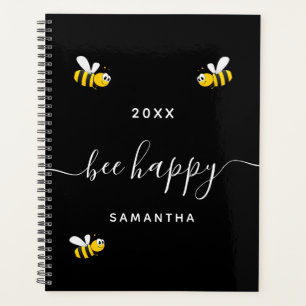 Bee happy black cute bumble bees monogram planner