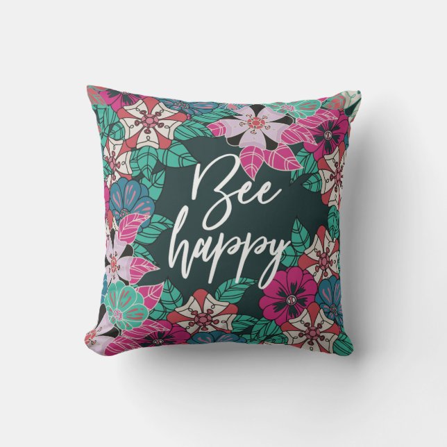 Bee Happy Blossoms Floral Art Throw Pillow (Front)