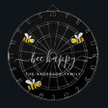 Bee happy bumble bees black monogram dartboard<br><div class="desc">Decorated with happy,  smiling yellow and black  bumble bees. A black background. White hand lettered script and the text: Bee Happy.  Personalize and add your family name.</div>