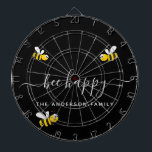 Bee happy bumble bees black monogram dartboard<br><div class="desc">Decorated with happy,  smiling yellow and black  bumble bees. A black background. White hand lettered script and the text: Bee Happy.  Personalize and add your family name.</div>