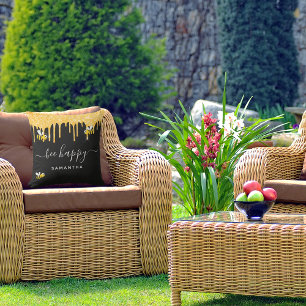 Bee happy bumble bees glitter black gold monogram outdoor pillow