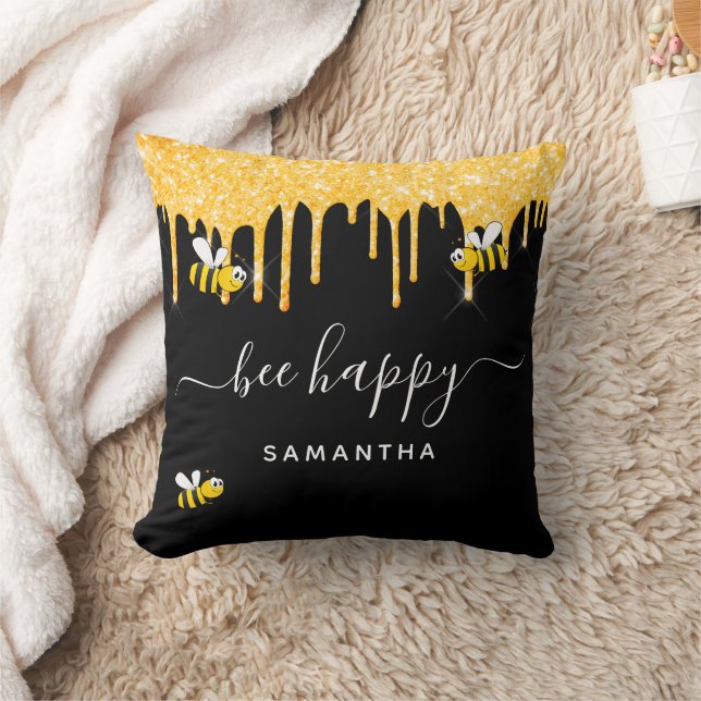 Bee happy bumble bees glitter black gold monogram throw pillow (Blanket)