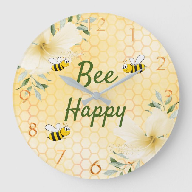 Bee Happy bumble bees yellow honeycomb cute fun Large Clock (Front)
