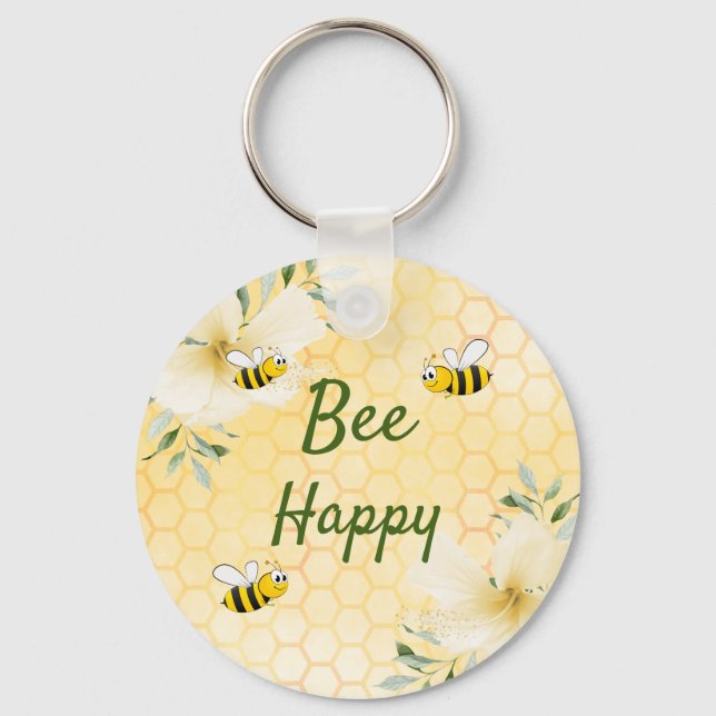 Bee Happy bumble bees yellow honeycomb cute Keychain (Front)