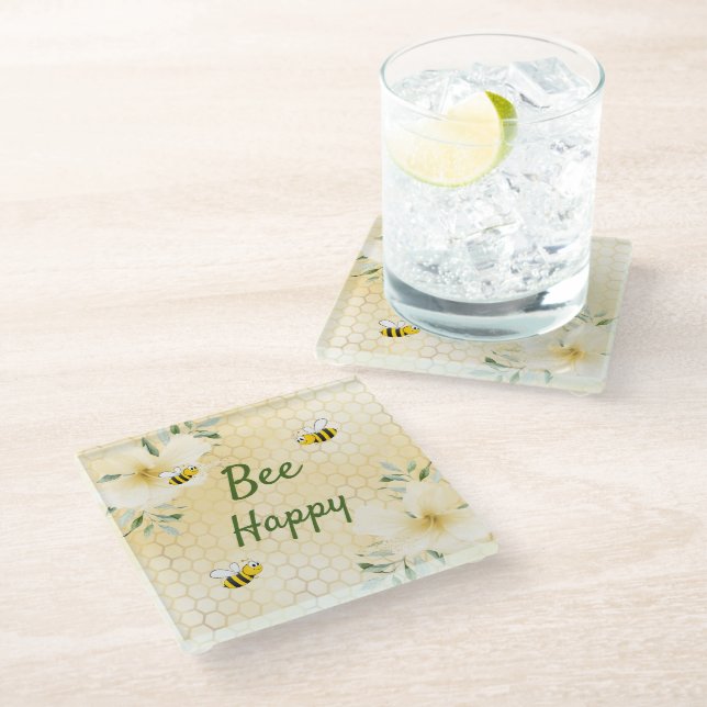 Bee Happy bumble bees yellow honeycomb humour Glass Coaster (Angled)