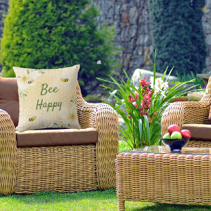 Bee Happy bumble bees yellow honeycomb humour Outdoor Pillow