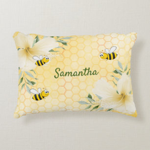 Bee Happy bumble bees yellow honeycomb name Accent Pillow