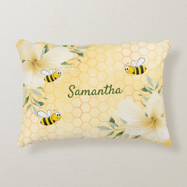 Bee Happy bumble bees yellow honeycomb name Accent Pillow (Front)