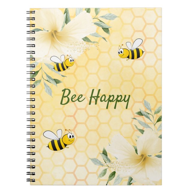 Bee Happy bumble bees yellow honeycomb summer Notebook (Front)