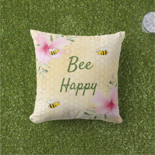 Bee Happy bumble bees yellow honeycomb summer Outdoor Pillow