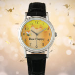 Bee happy bumblebees gold honey drips motivational watch<br><div class="desc">A faux gold metallic,  foil looking background. Decorated with a happy,  smiling bumblebee and sweet honey dripping.  Black letters and the text: Bee Happy.</div>