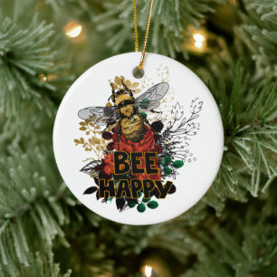 Bee Happy Colourful Bee and Flowers Ceramic Ornament