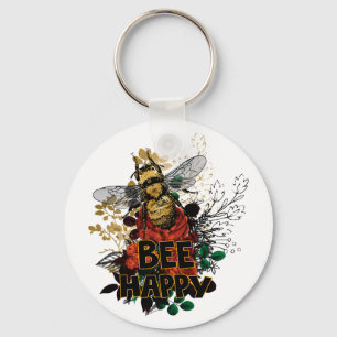 Bee Happy Colourful Bee and Flowers Keychain