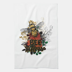 Bee Happy Colourful Bee and Flowers Kitchen Towel
