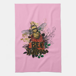 Bee Happy Colourful Bee and Flowers Kitchen Towel