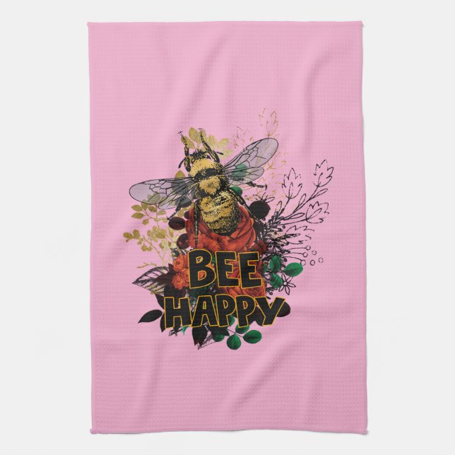 Bee Happy Colourful Bee and Flowers Kitchen Towel (Vertical)